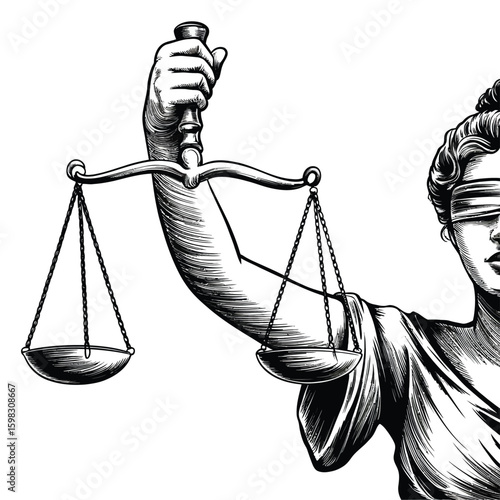 Illustration of lady justice holding scales of justice with blindfold