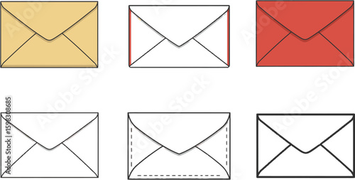 Vector art of a collection of six simple envelope illustrations in different colors and styles, isolated on white background