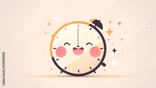 Cute smiling alarm clock cartoon on yellow background
