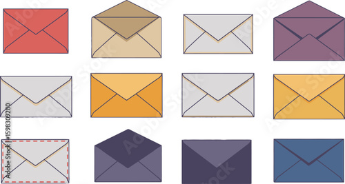 Vector art of a diverse collection of envelopes in various colors and styles, isolated on white background