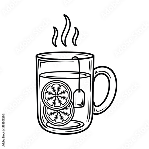 Hand drawn sketch of a hot tea with lemon slices and steam