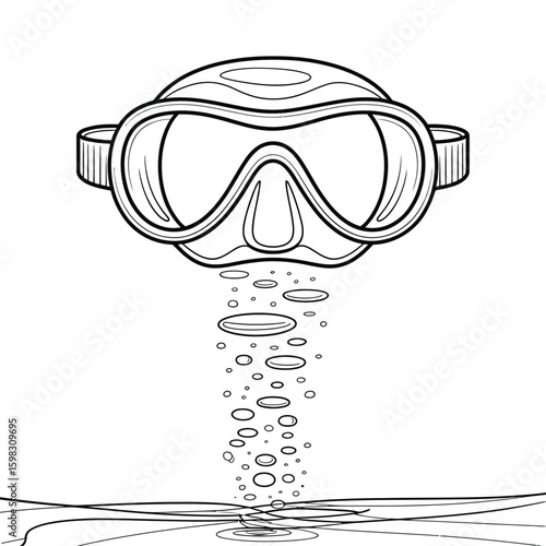 Diving mask with bubbles rising from underwater scene
