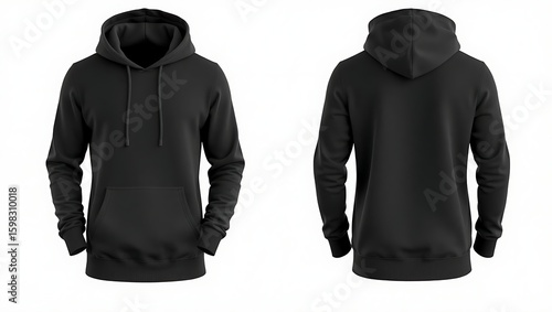 Black hoodie mockup template front and back view isolated on white background