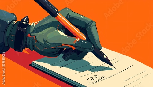 Hand Holding Pencil, Writing on Paper