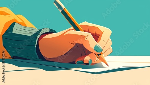 Hand Holding Pencil, Writing on Paper