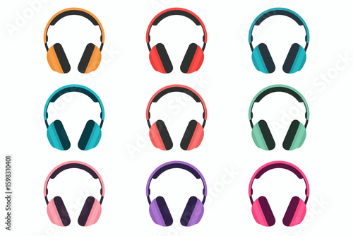 Colorful Headphones Collection Music Audio Equipment Wireless Headsets Variety of Colors for Personal Entertainment and Listening Experience Nine Isolated Items