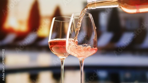 Orange or white rose wine bottle and glass against a sunset in a peaceful vineyard, pouring of ecological natural wine in hotel or sunset bar restaurant, cheers friends.