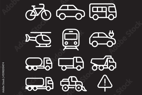 Commercial vehicles line icon set. Pictograms collection of container, pallet, forklift, plane, drone, helicopter, train, cargo truck, warehouse.