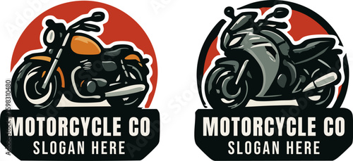 Pair of motorcycle logos: classic cruiser and modern sportbike designs.