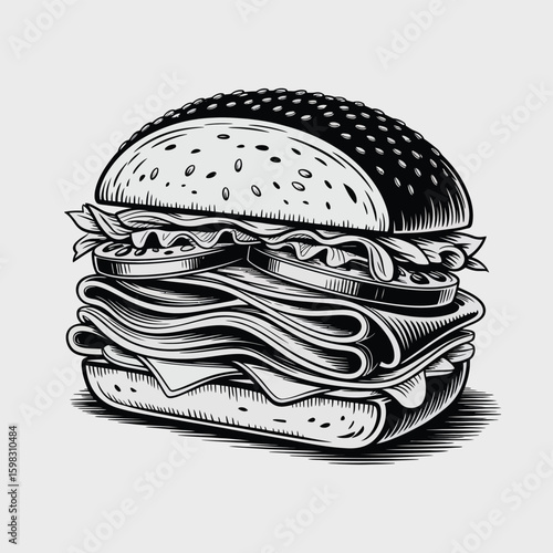 Detailed hand drawn illustration of a large stacked sandwich