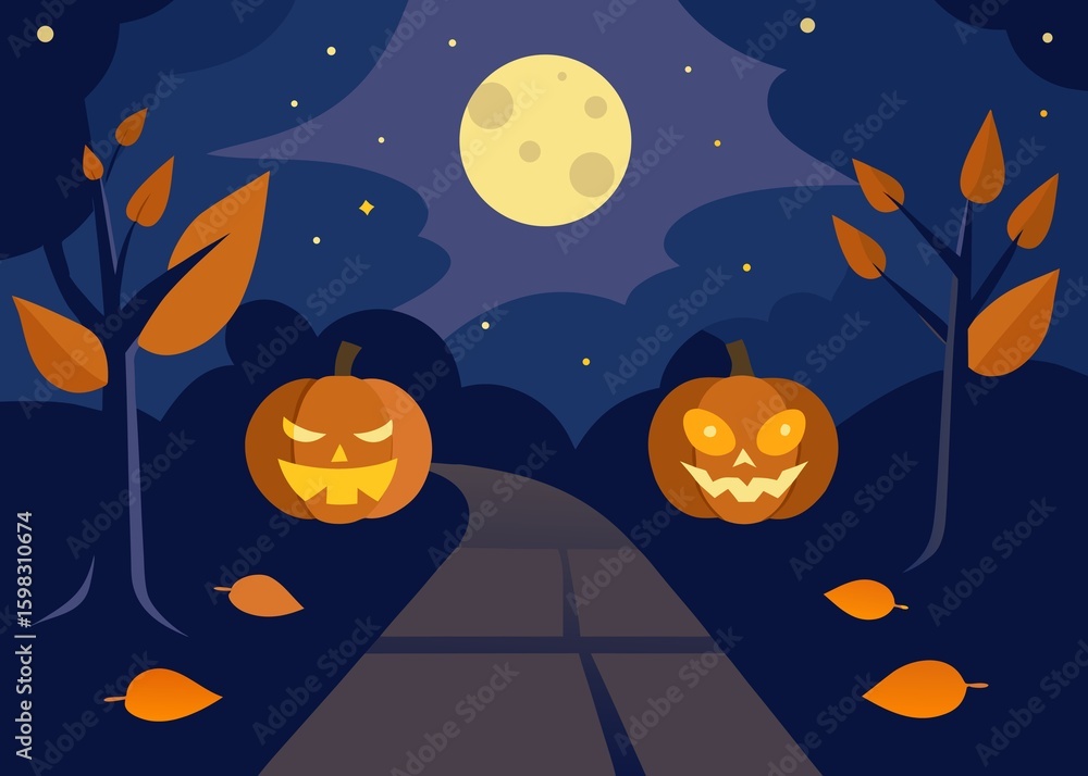 Fototapeta premium Halloween Night Scene with Pumpkins Moon Trees and Road in a Flat Vector Illustration on white background