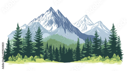 Serene Mountain Fir Forest Landscape in Color Engraving Style