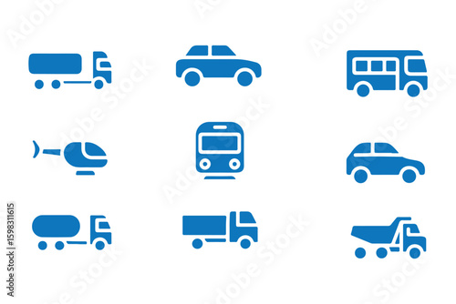 Commercial vehicles line icon set. Pictograms collection of container, pallet, forklift, plane, drone, helicopter, train, cargo truck, warehouse.