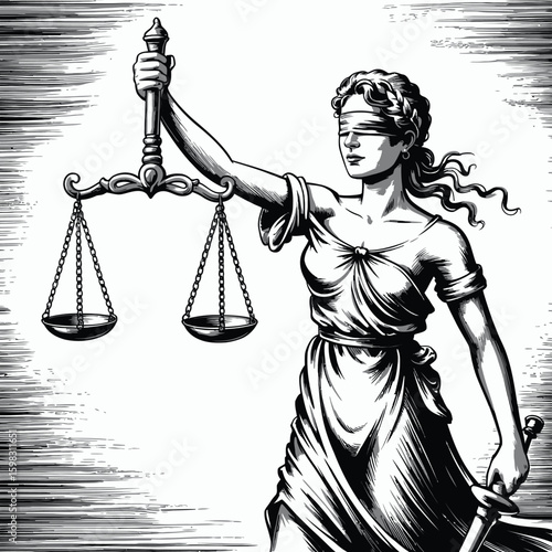 Lady justice holding scales of justice and sword in black and white illustration