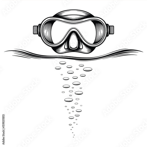 Diving mask surfacing from clear water with rising bubbles