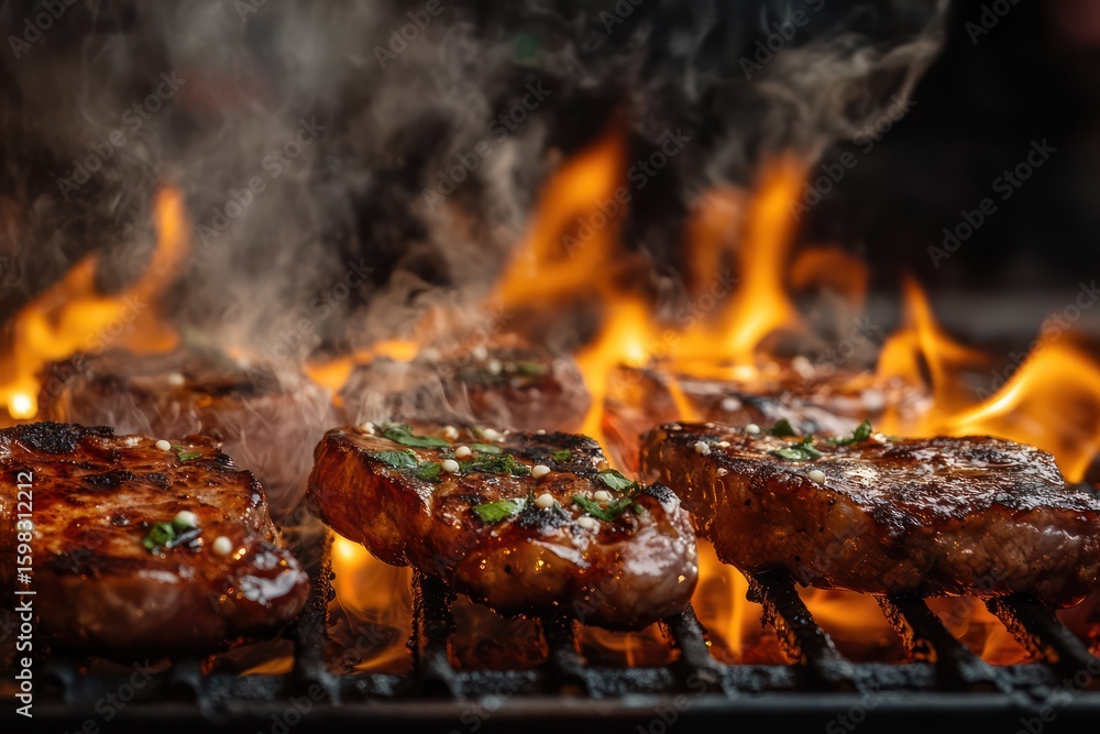 Grilled Meat Glazed Over Open Flame with Smoke Grilled Meat Glazed Over Open Flame with Smoke