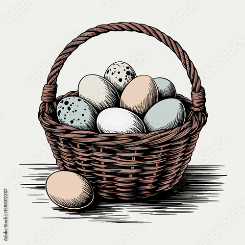 Rustic Basket Filled with Colorful Eggs a Charming Illustration of Farm Fresh Harvest and Easter Traditions