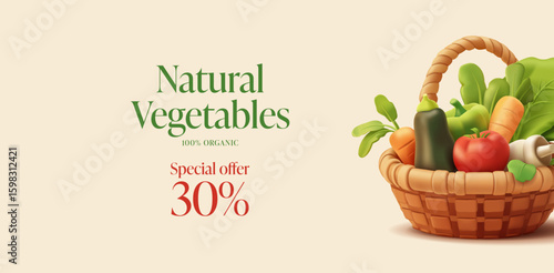 Vegetables in a basket, 3D. Modern banner for promotional offers, discounts, sales, and farm natural vegetables. Supermarkets, shops. Vector illustration.