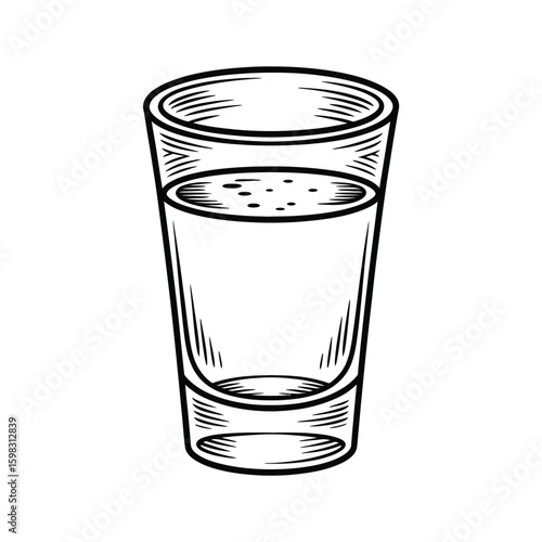 Hand drawn sketch of a shot glass filled with clear liquid