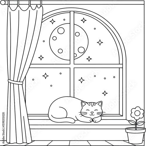 Cute sleeping cat on windowsill under starry moonlit night – Cozy cartoon-style coloring page