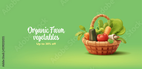 Realistic farm vegetables in a wicker basket, 3D, on a green background. Modern banner for advertising promotional offers, special discounts, and sales of fresh natural vegetables. Vector