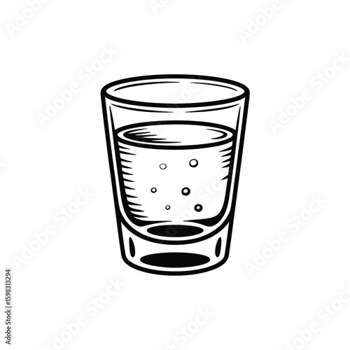 Hand drawn illustration of a shot glass filled with a clear liquid and bubbles
