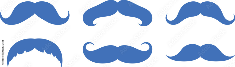 Obraz premium Set of blue mustache icons. Collection of various retro male facial hair styles. Vector illustration for men's health awareness concepts. 
