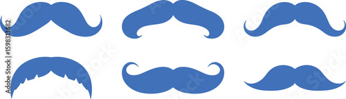 Set of blue mustache icons. Collection of various retro male facial hair styles. Vector illustration for men's health awareness concepts.
