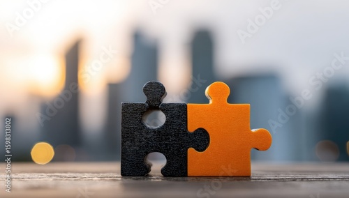 Two puzzle pieces, black and orange, meet on a wooden surface, cityscape in the background