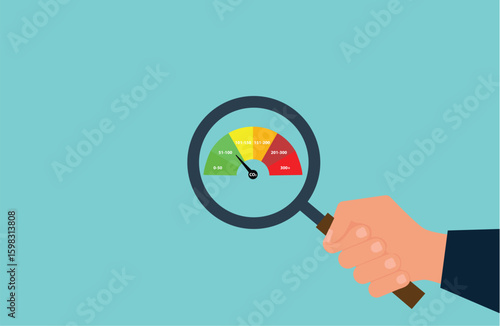 Air quality, air quality index, hand holding magnifying glass to check the air quality