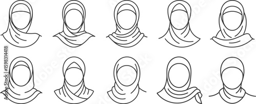 Set of hijab line icons. Collection of different Muslim woman headscarf styles. Islamic traditional veil vector illustrations.
