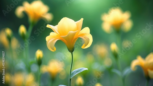Close-up of a yellow flower blooming in a garden with blurred yellow flowers in the background. Nature and floral scene. Blooming flowers in a garden setting.