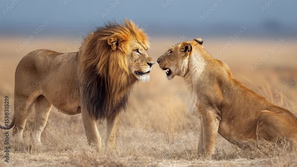 Majestic lion and lioness stand face-to-face in a field with dry grass Majestic lion and lioness stand face-to-face in a field with dry grass