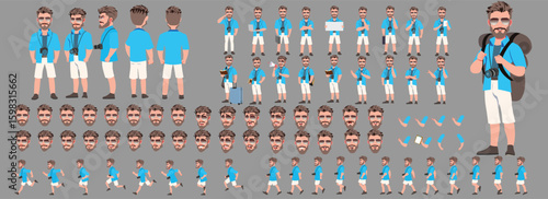 Traveler character model sheet, Character poses, expressions, Walk cycle, Run cycle animated character sequences.