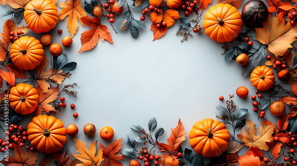 Obraz premium Autumn pumpkins and leaves arranged on a light blue background fall gourds