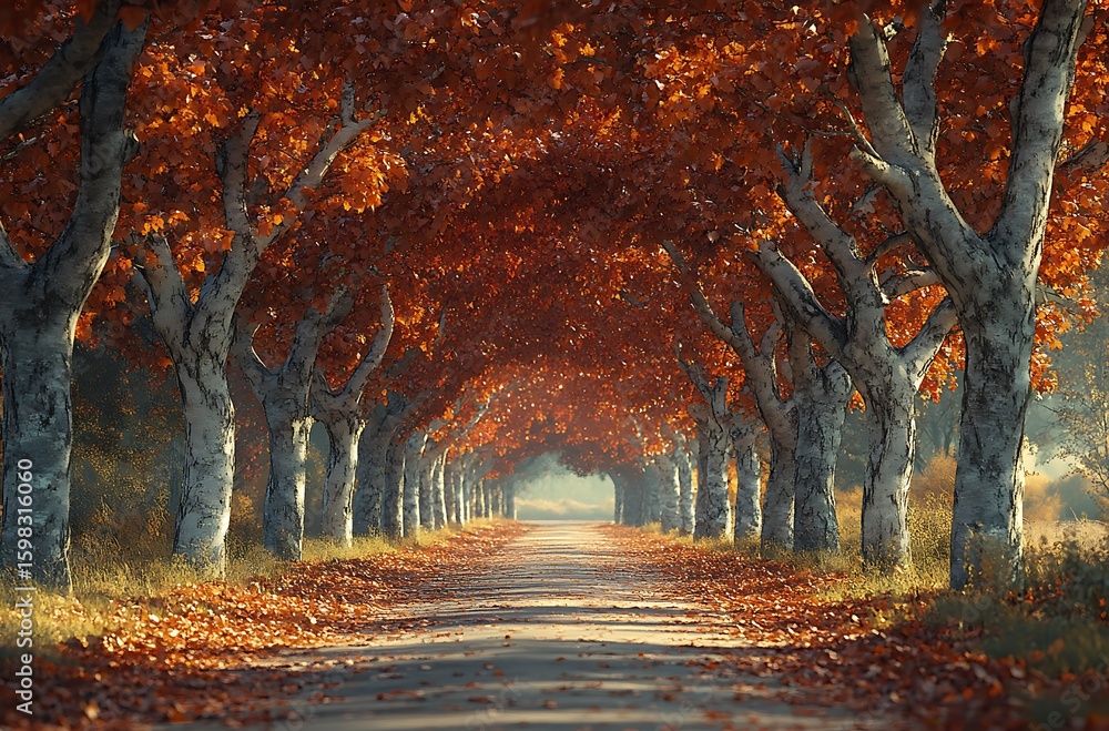 Fototapeta premium Autumn tree lined road with fallen orange leaves and sunlight avenue path