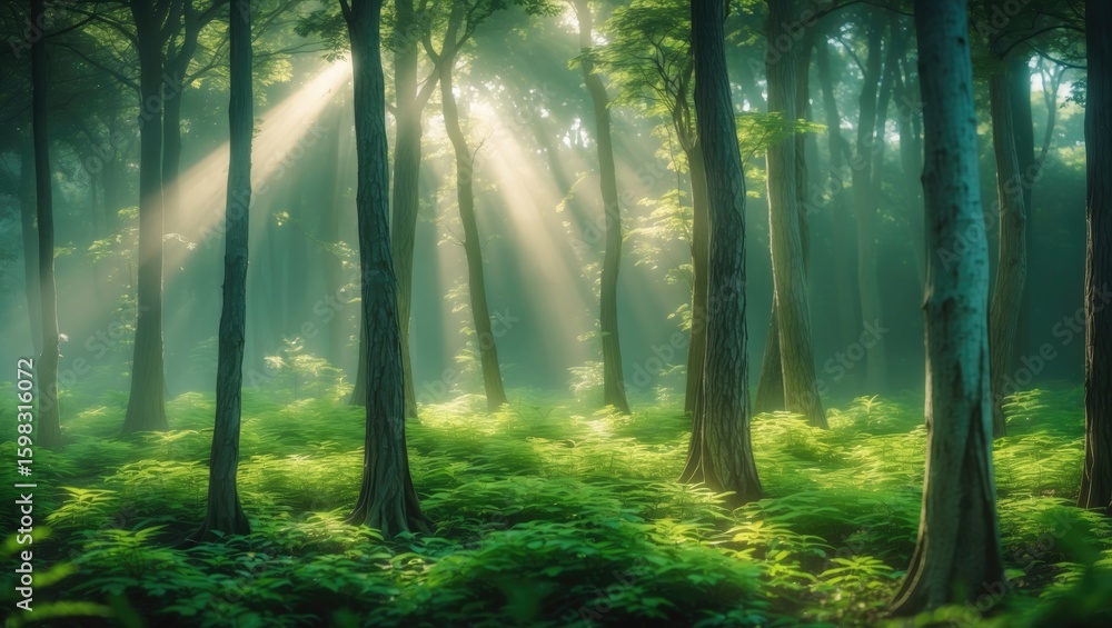 Obraz premium A forest scene with sunlight filtering through trees and illuminating the lush greenery. Nature and forest environment, serene and peaceful. The concept of wilderness and tranquility