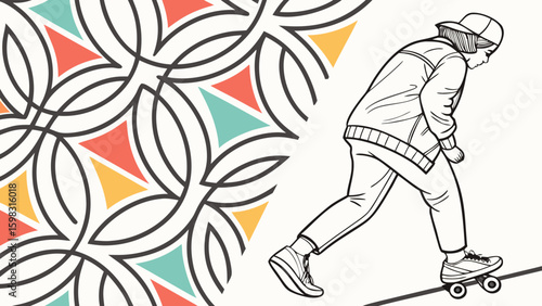 A young Asian male skateboarder rides confidently, showcasing street style against a vibrant geometric pattern.