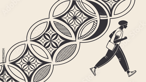 A young Black female jogger in urban attire passes a stylish geometric pattern, merging modern fitness with artistic design.