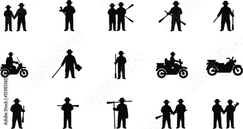 Vector art of a collection of silhouette hunters with guns and motorcycles isolated on white background