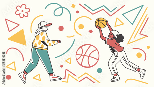 Two girls playing basketball, showcasing enthusiasm and teamwork in a vibrant, colorful environment.