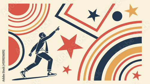 A young man of Asian descent joyfully reaching for colorful shapes, reflecting creativity and aspiration.