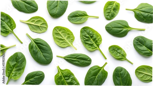 Fresh green spinach leaves scattered on white background