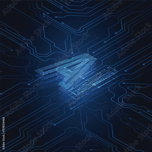 A futuristic AI letters glows amidst intricate blue circuit board lines, representing technology and digital connectivity. Circuit, digital, technology, future, and glowing define this modern design.