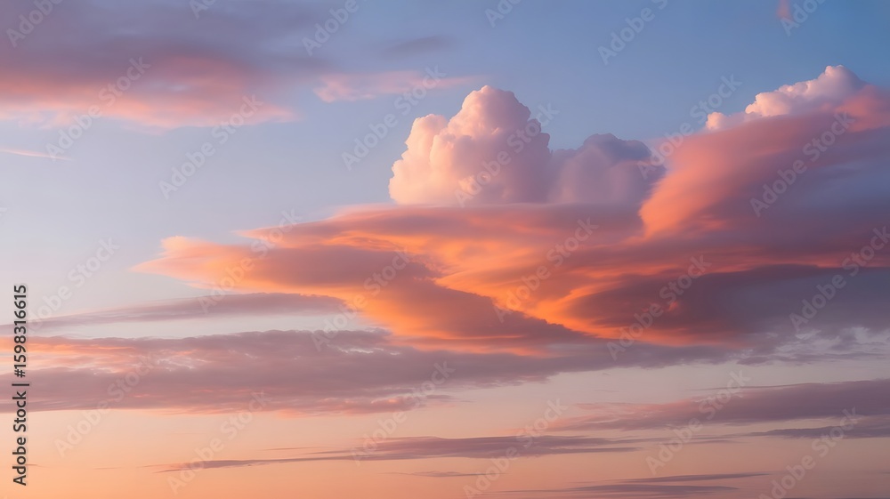 Obraz premium Dramatic sunset clouds with vibrant pink and orange hues against a soft blue sky