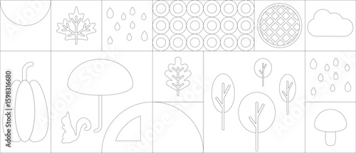 Outline autumn geometric background. Fall or Thanksgiving pattern for happy season sale design. Pie, pumpkin, umbrella and mushroom simple graphic card template with circle and square creative mosaic.