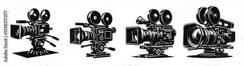 Set of Black silhouette of a professional movie camera on white background