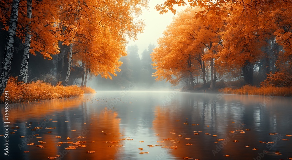 Fototapeta premium Misty autumn lake with vibrant orange trees and reflections fall water