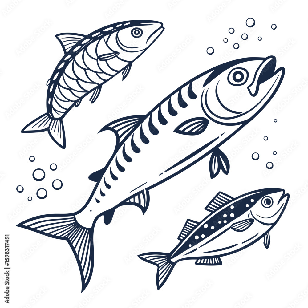 Fototapeta premium Three Dark Blue Line Art Fish Illustrations Mackerel Sprat Herring