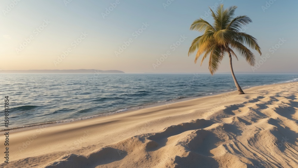 Fototapeta premium Beach scene with a solitary palm tree by the ocean and sandy shore during sunset.
